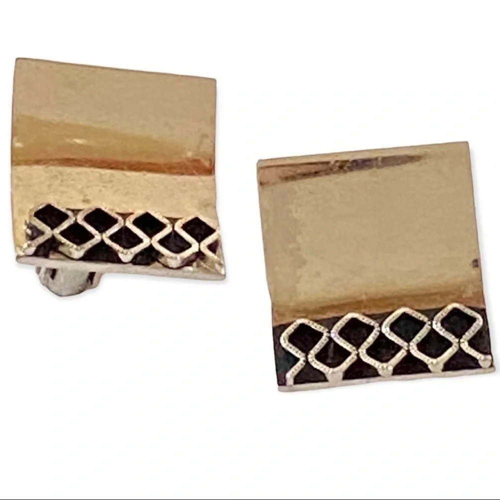 Vintage Silver and Black Enamel Curved Square Cufflinks